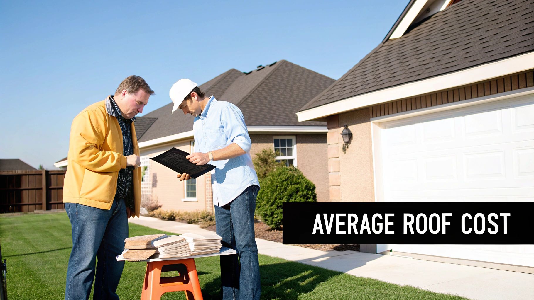 A homeowner and a roofer discuss average roof costs with samples in a sunny backyard.