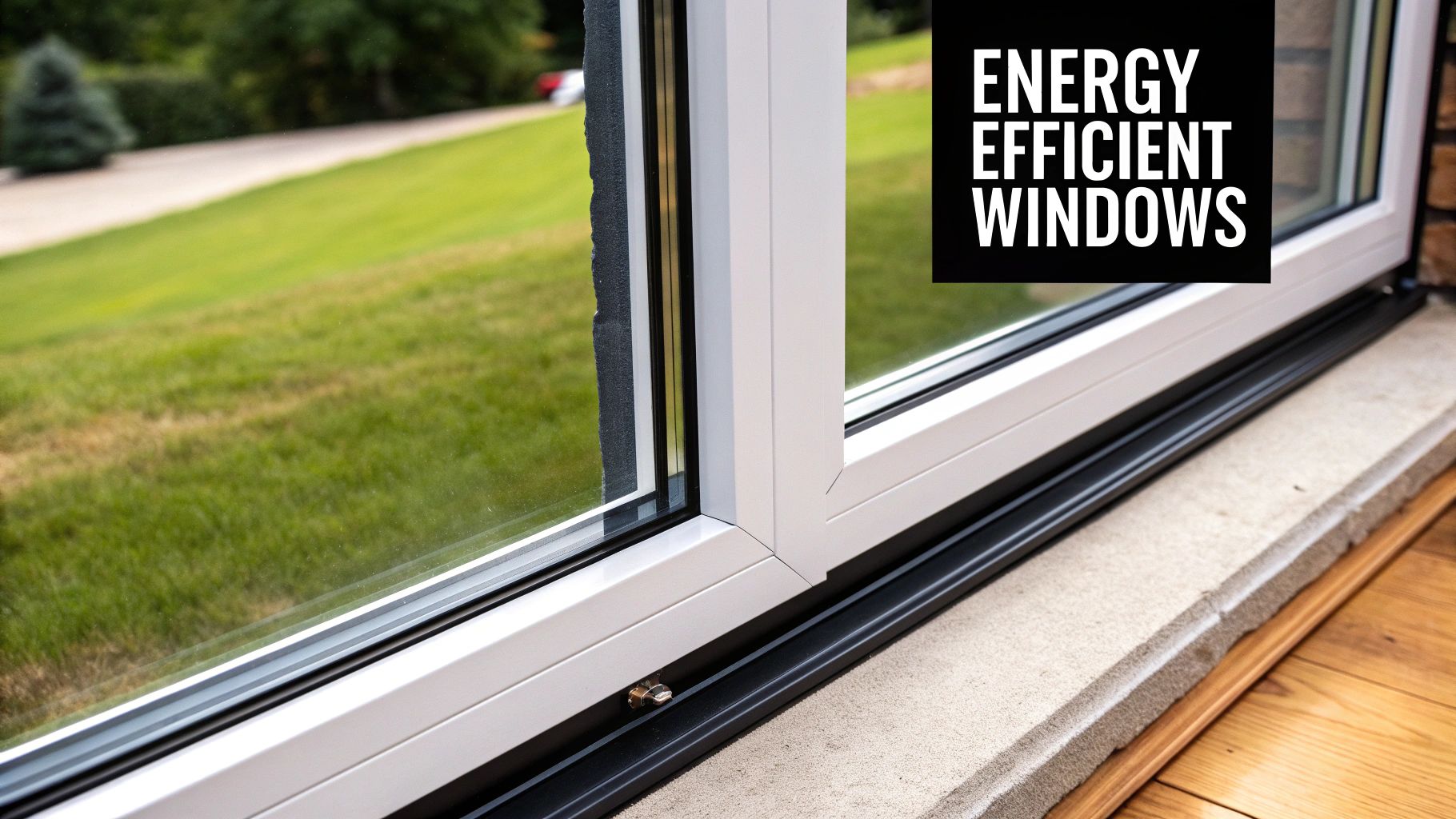 Close-up of a modern, white energy-efficient window looking out onto a green lawn.