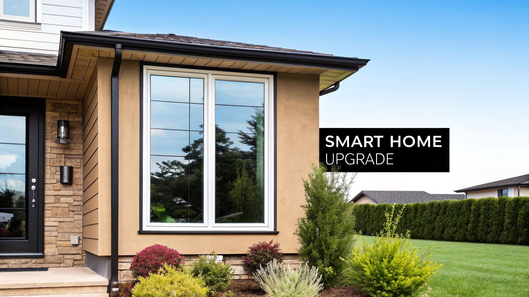 Exterior view of a modern house with large windows, landscaping, and a 'Smart Home Upgrade' banner.