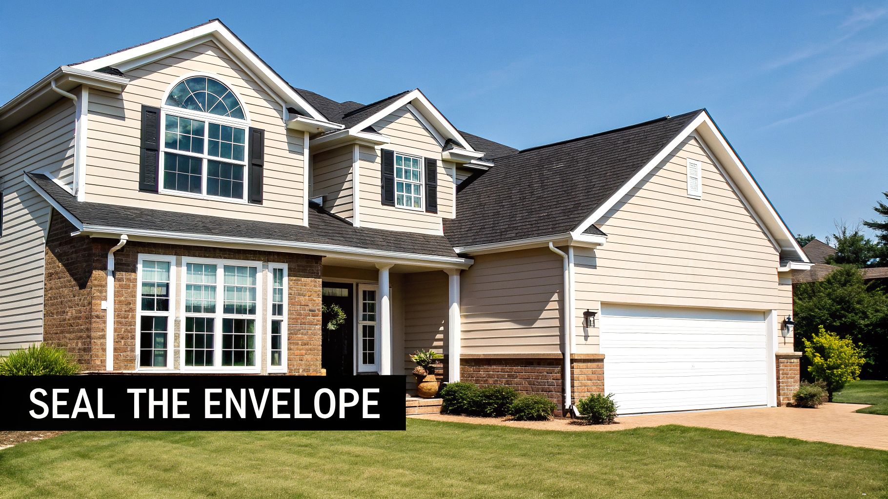 A two-story beige house with a dark roof, white windows, brick accents, and a well-kept lawn.