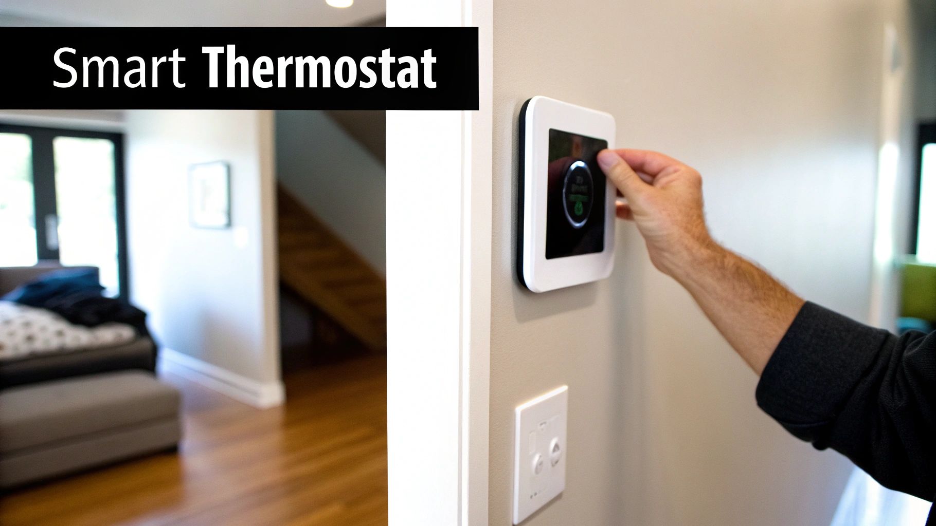 A person's hand adjusts a modern smart thermostat mounted on a beige wall in a home.