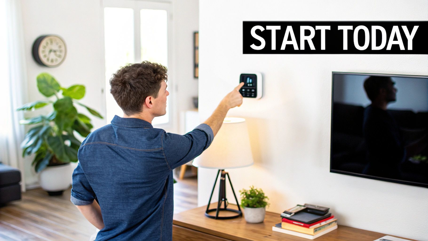 A man in a denim shirt adjusts a smart thermostat on a white wall, encouraging energy efficiency.