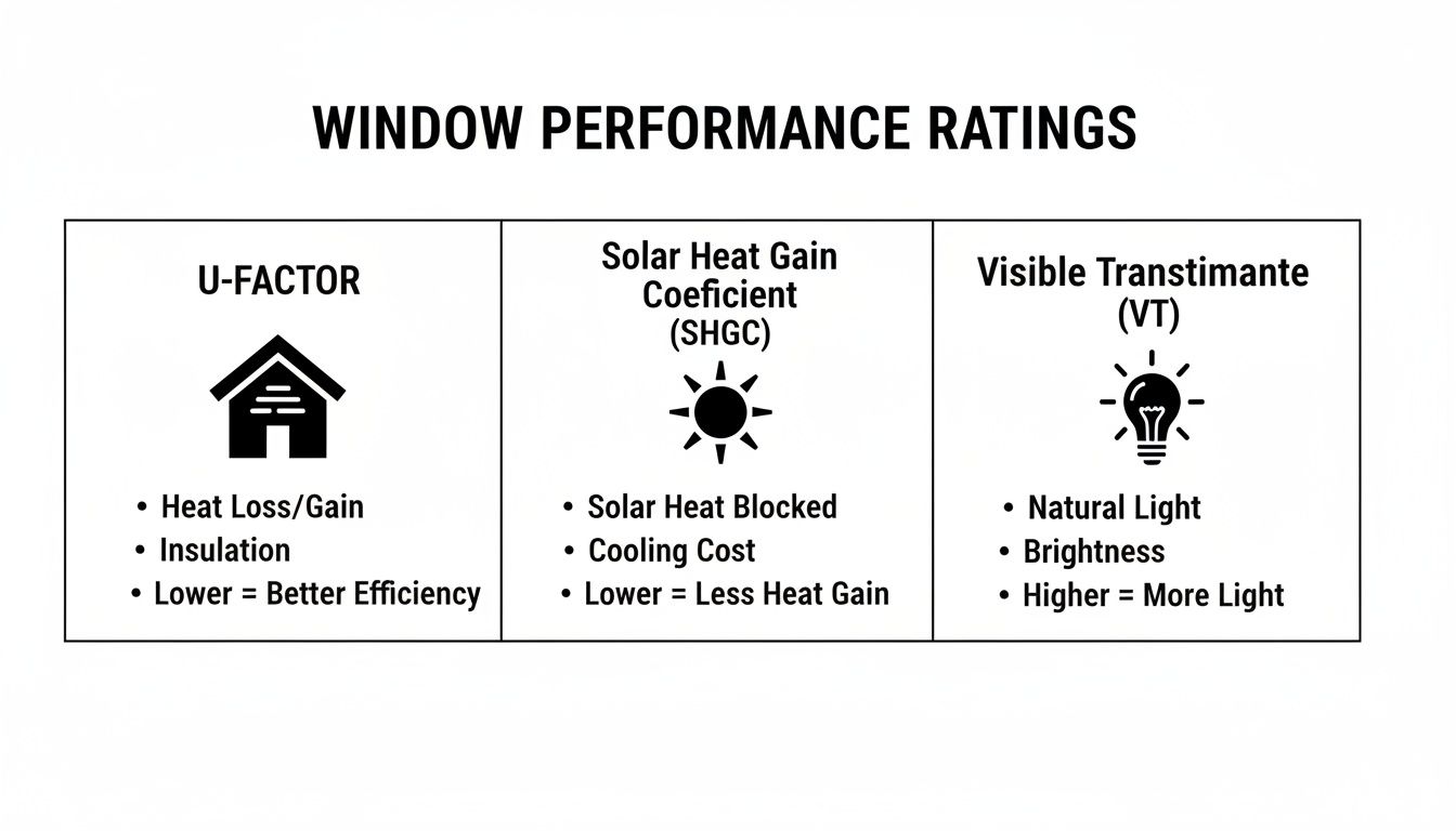 Infographic explaining window performance ratings, including U-factor, SHGC, and Visible Transmittance, with definitions.