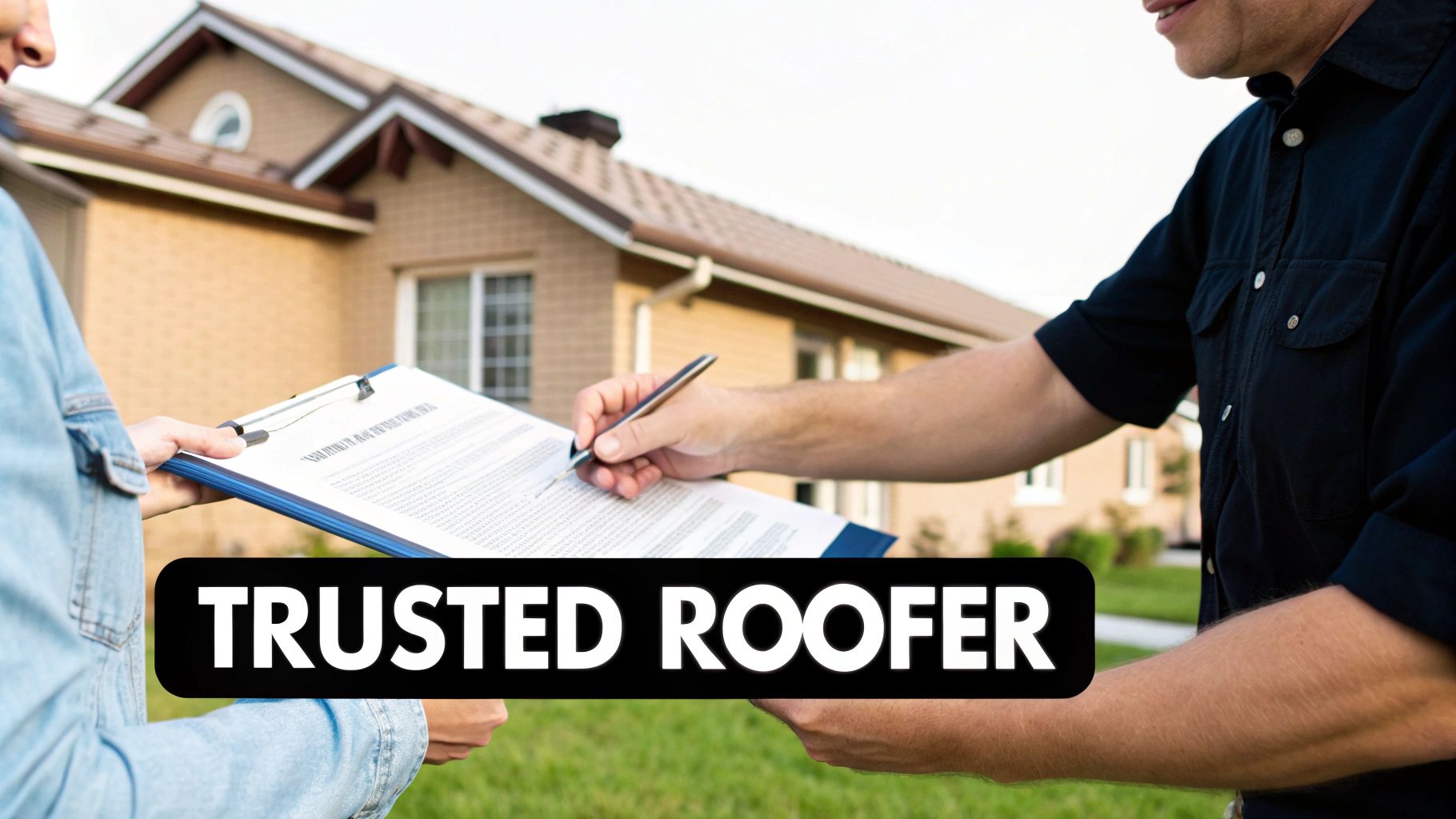 A roofer signs a contract with a homeowner outside a house, symbolizing a trusted roofing service.