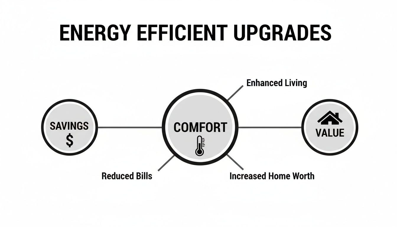 Diagram illustrating energy efficient upgrades' benefits: savings, comfort, enhanced living, and increased home worth.