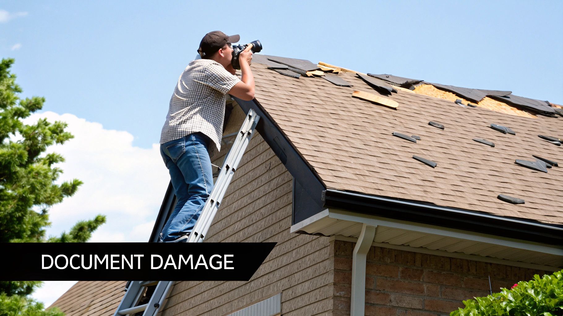 A man on a ladder photographs a damaged residential roof with missing shingles, documenting the damage.
