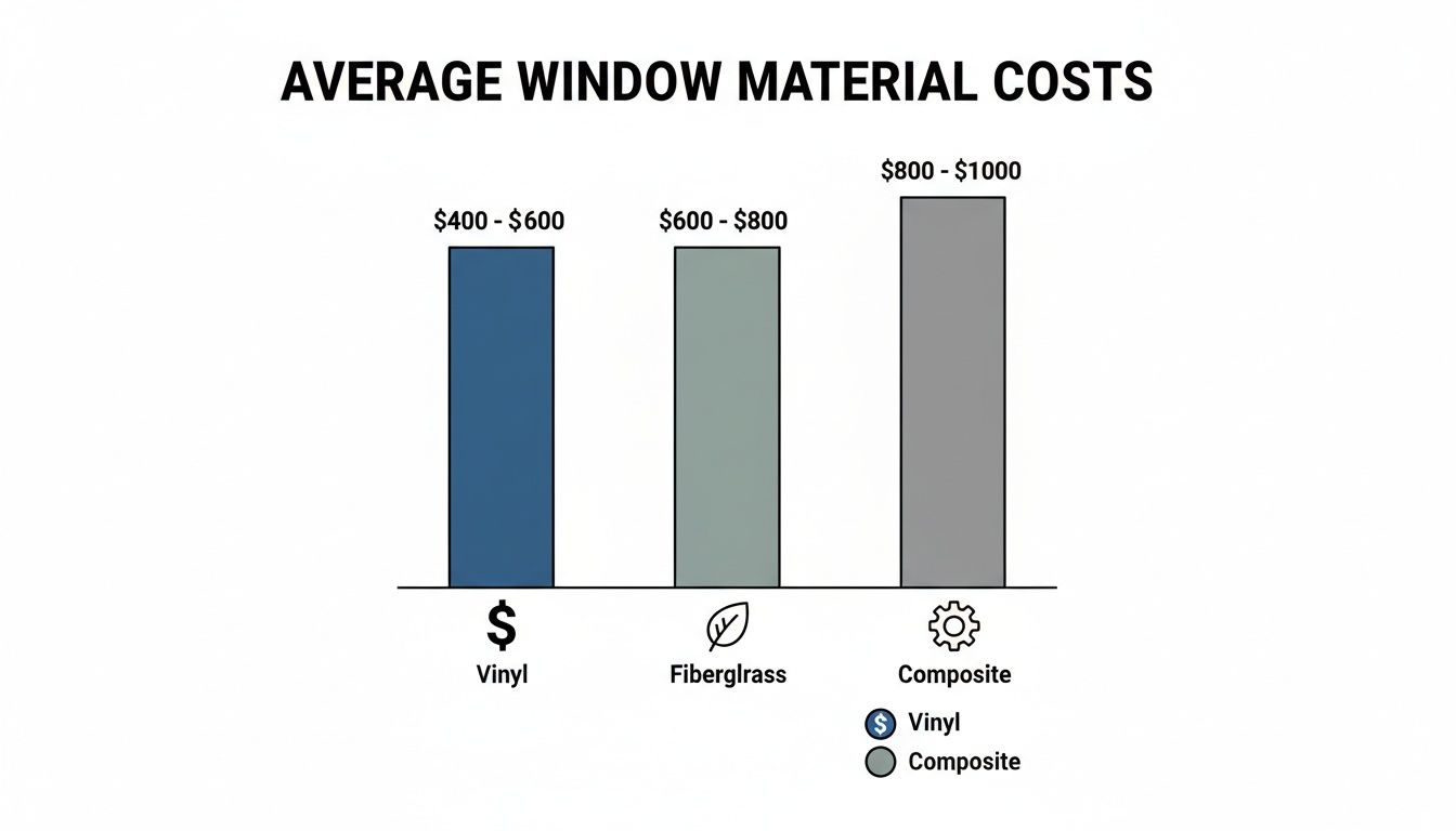 Bar chart displaying average window material costs for Vinyl, Fiberglass, and Composite materials.