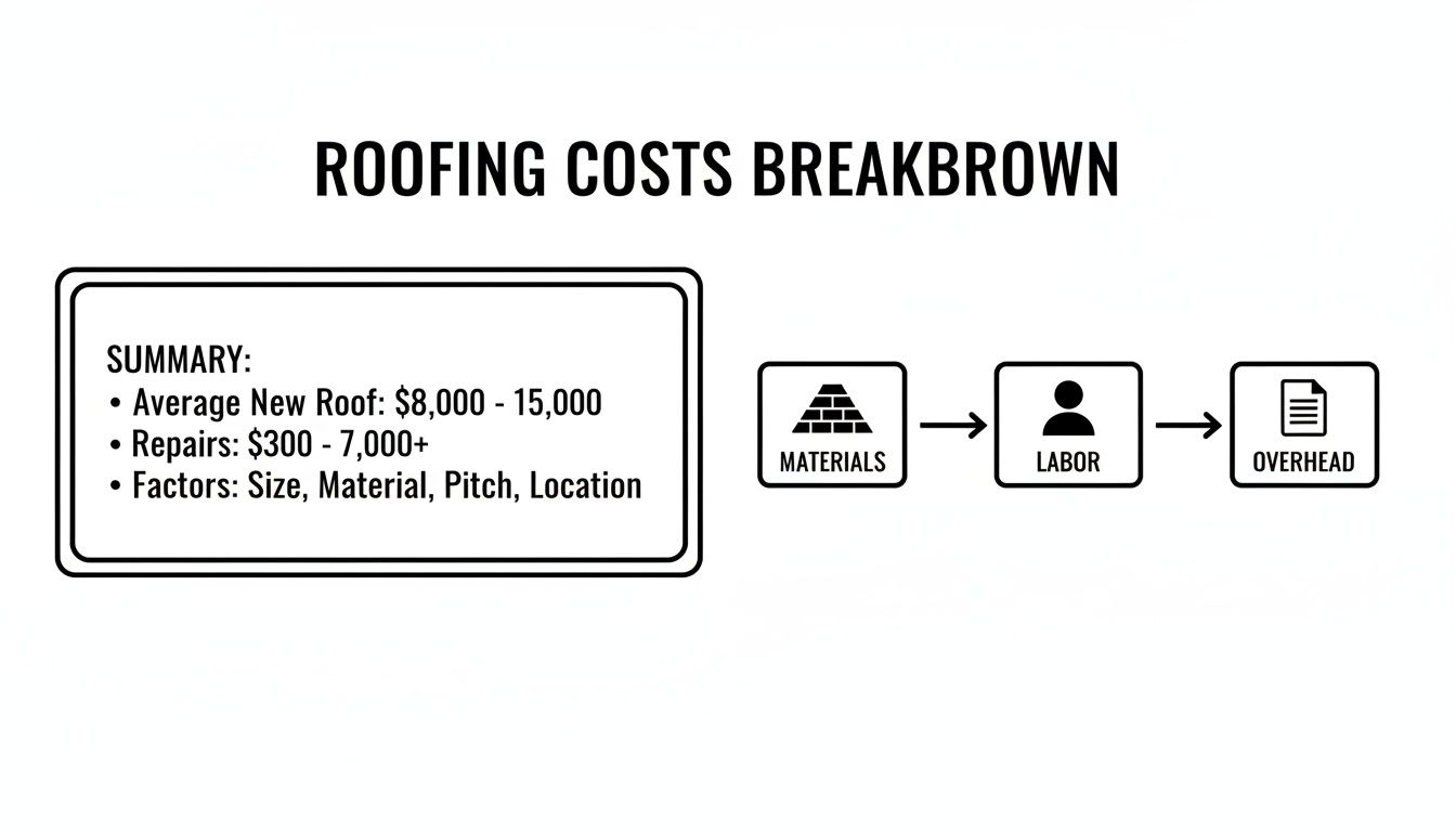 A flowchart detailing roofing costs, including average new roof and repair prices, factors, materials, labor, and overhead.