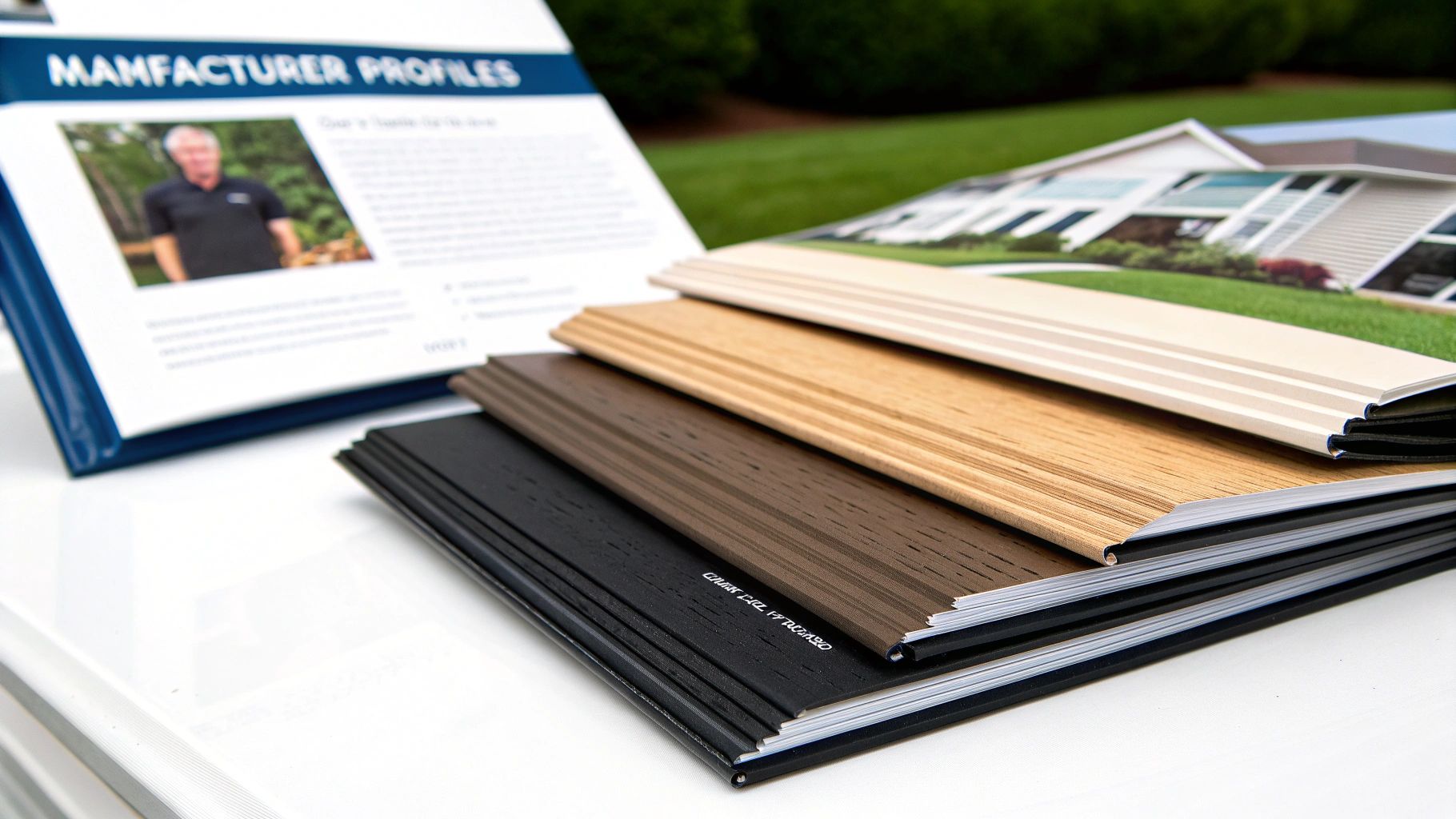 Various vinyl siding samples and manufacturer profiles displayed on a table with a house brochure.