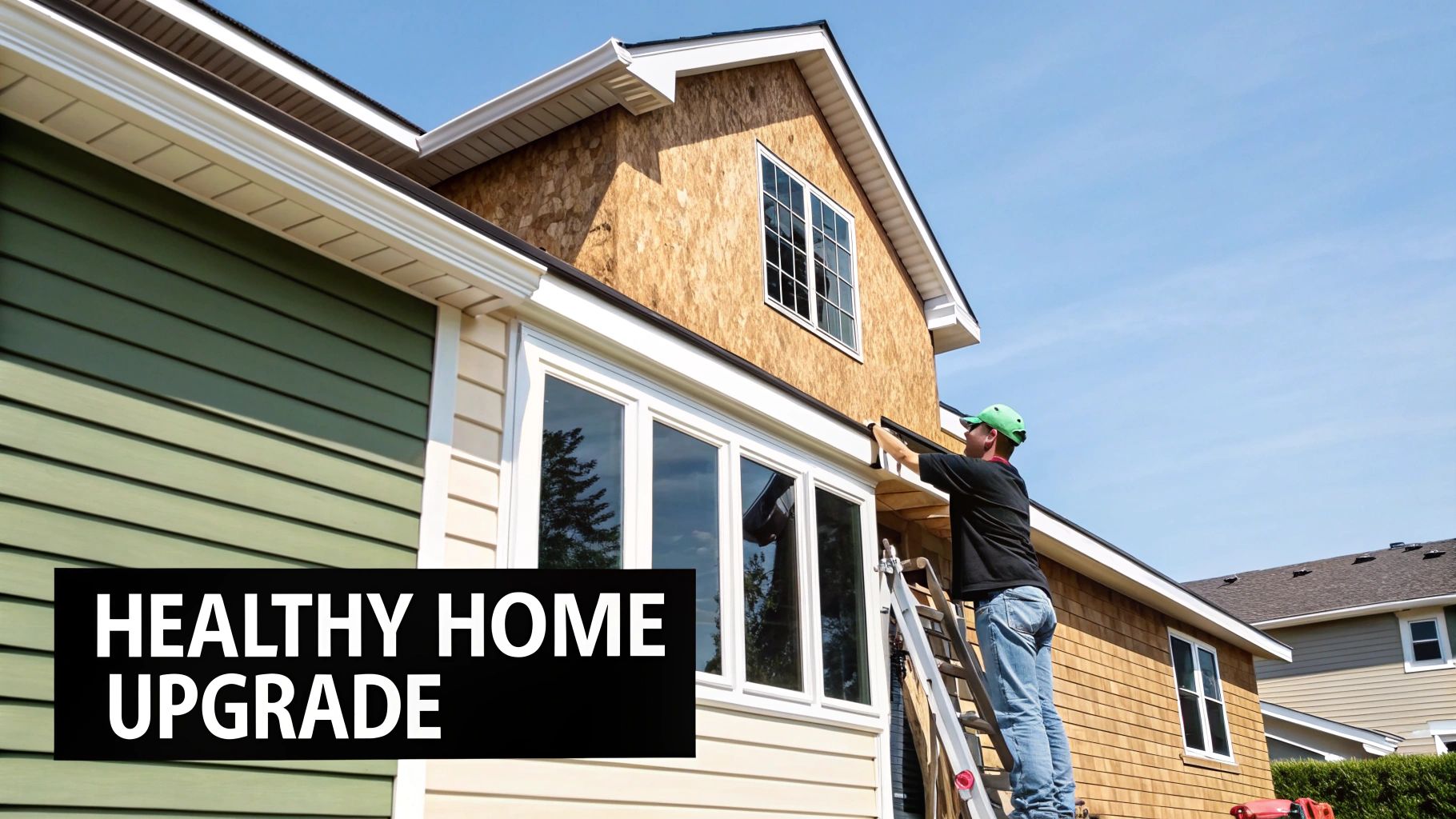 A worker on a ladder installs new materials on a house undergoing a healthy home upgrade under a blue sky.