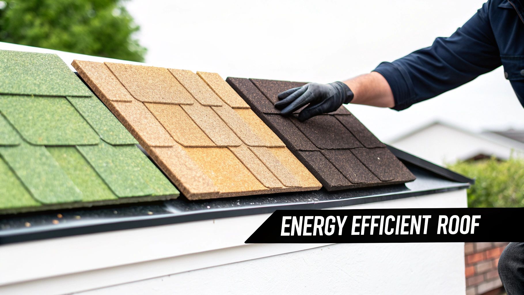 A gloved hand touches a dark brown energy-efficient roof shingle sample next to green and tan options.