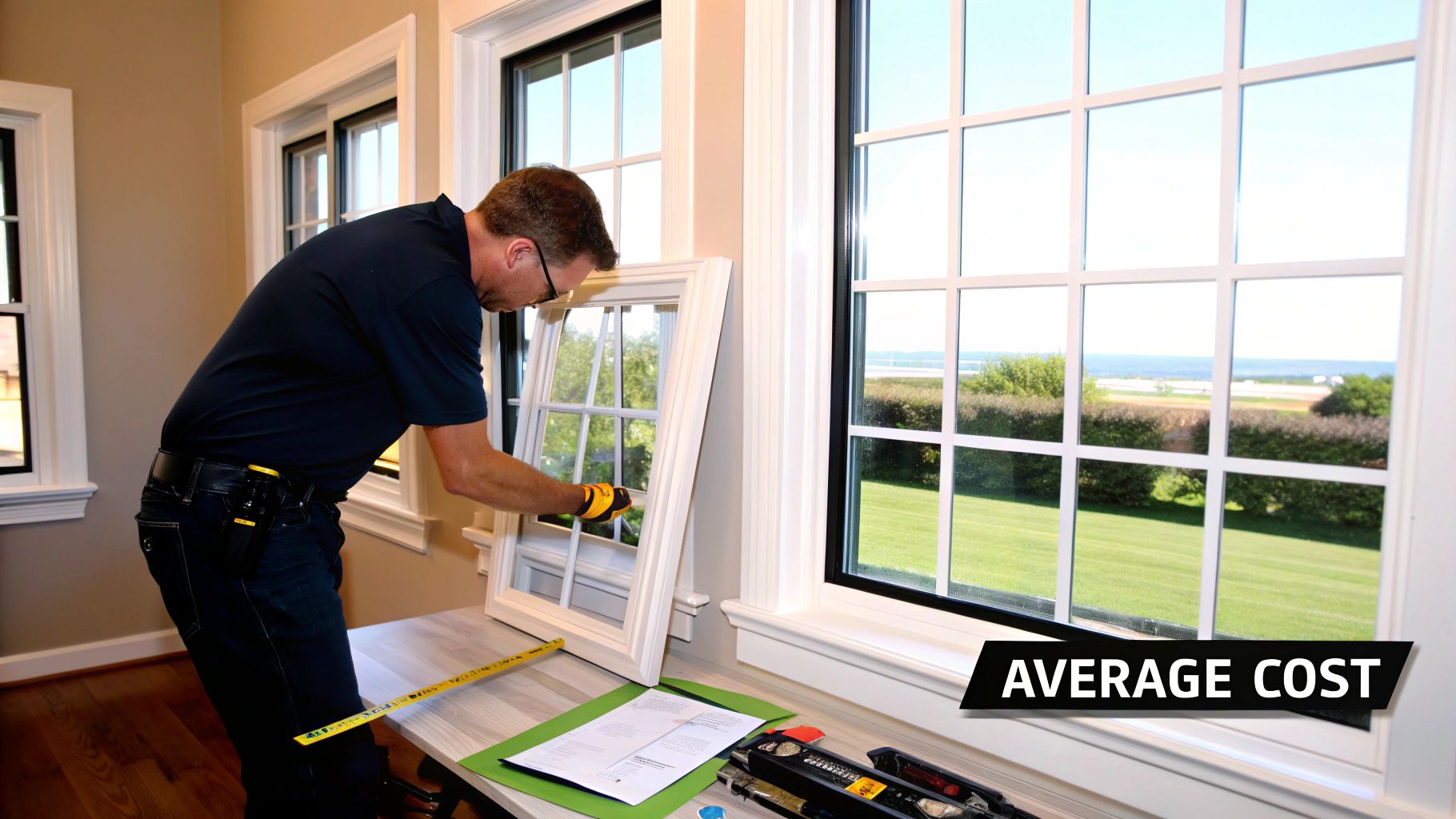 A man wearing glasses and gloves measures a white window frame on a table with a tape measure.