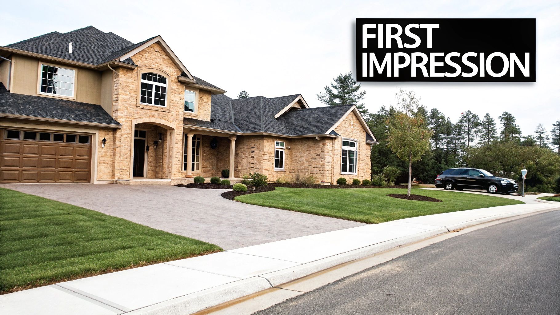 A large, modern house with stone walls, a dark roof, green lawn, and a paved driveway.