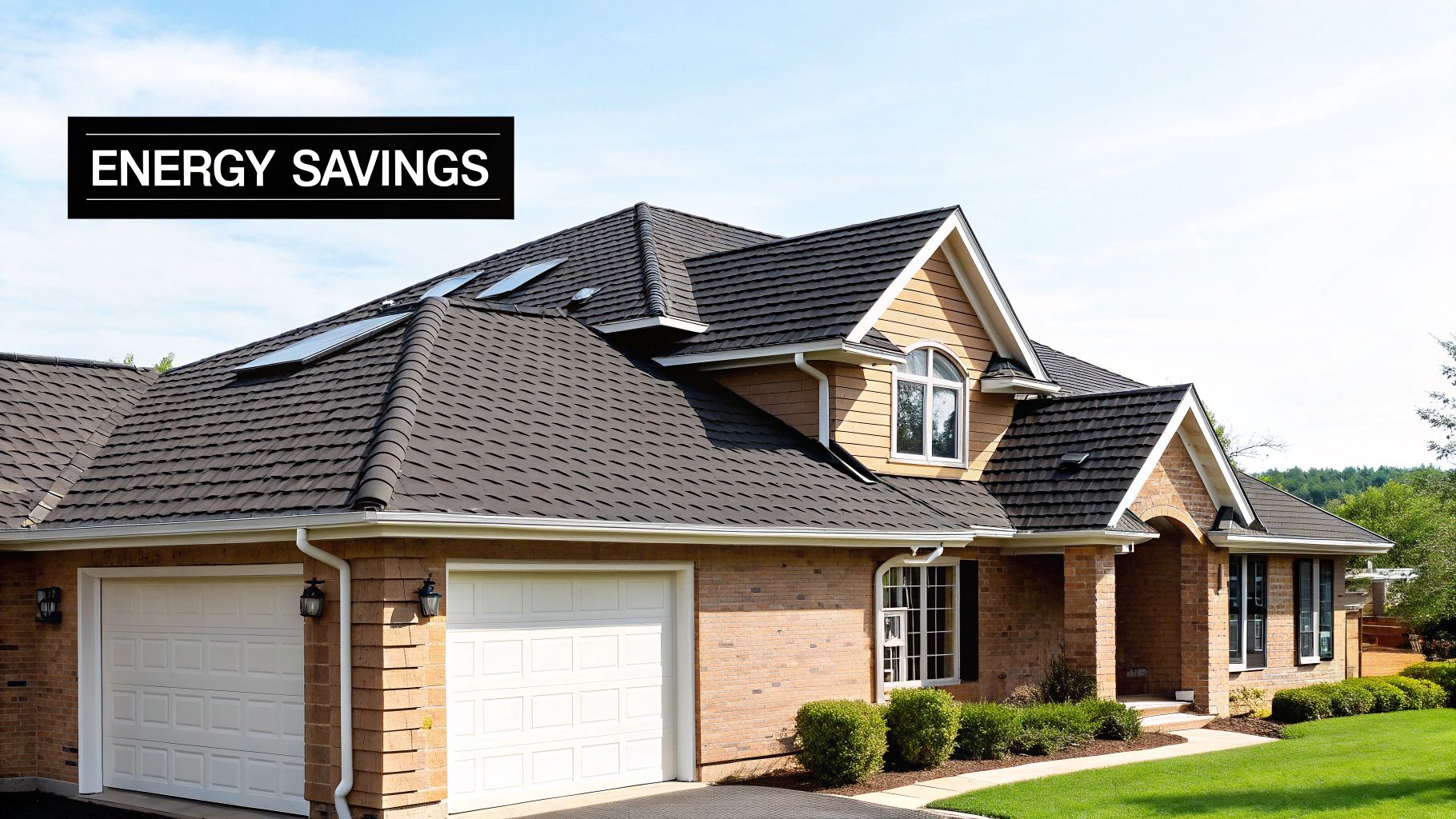 A large house with a dark shingled roof, skylights, brick siding, and a two-car garage.
