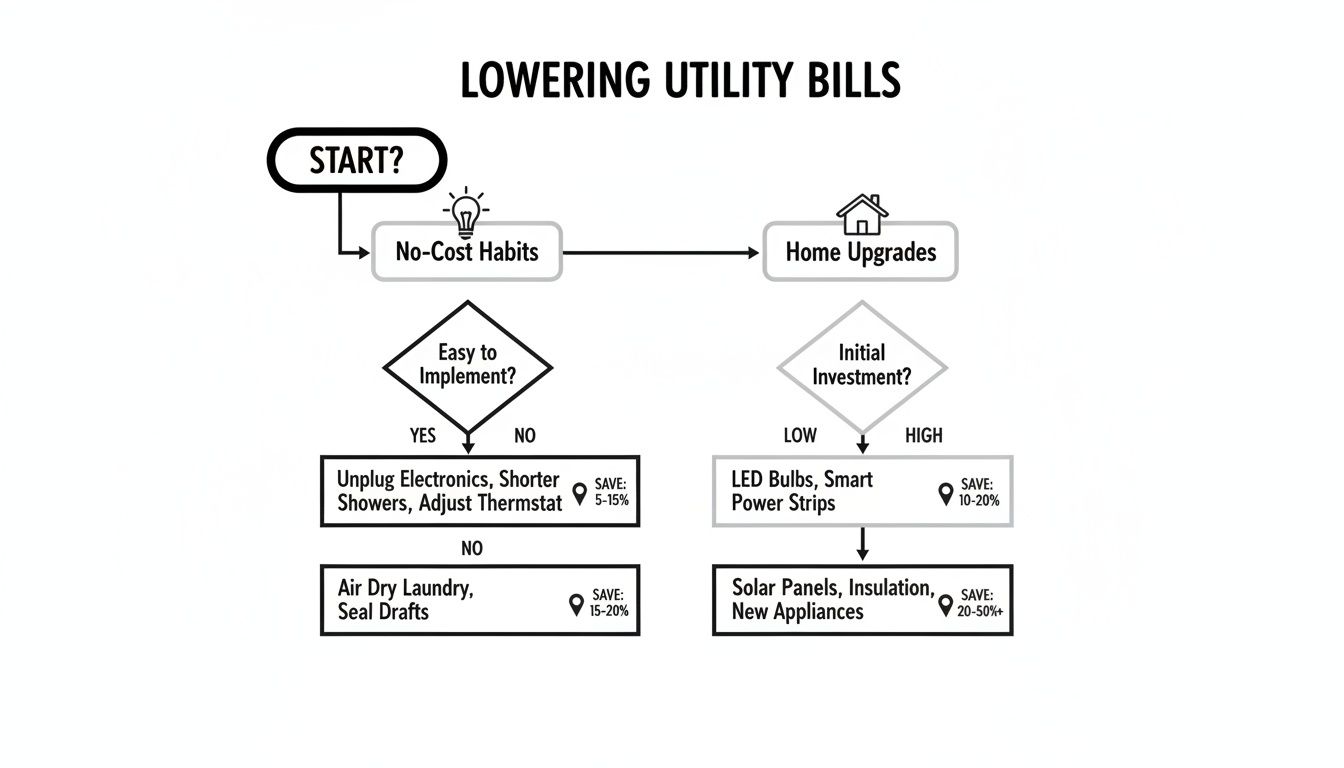 Flowchart illustrating steps to lower utility bills through no-cost habits and home upgrades.