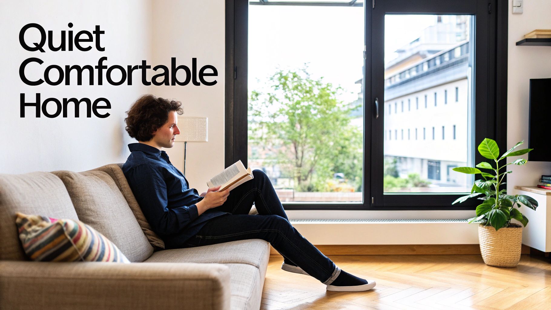 A man reads a book on a comfortable couch in a bright living room with large windows.