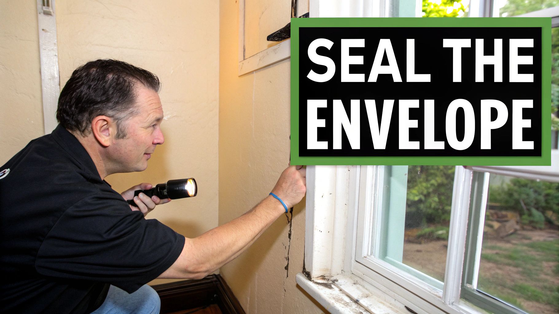 Professional inspecting a window frame with a flashlight, looking for air leaks to seal.