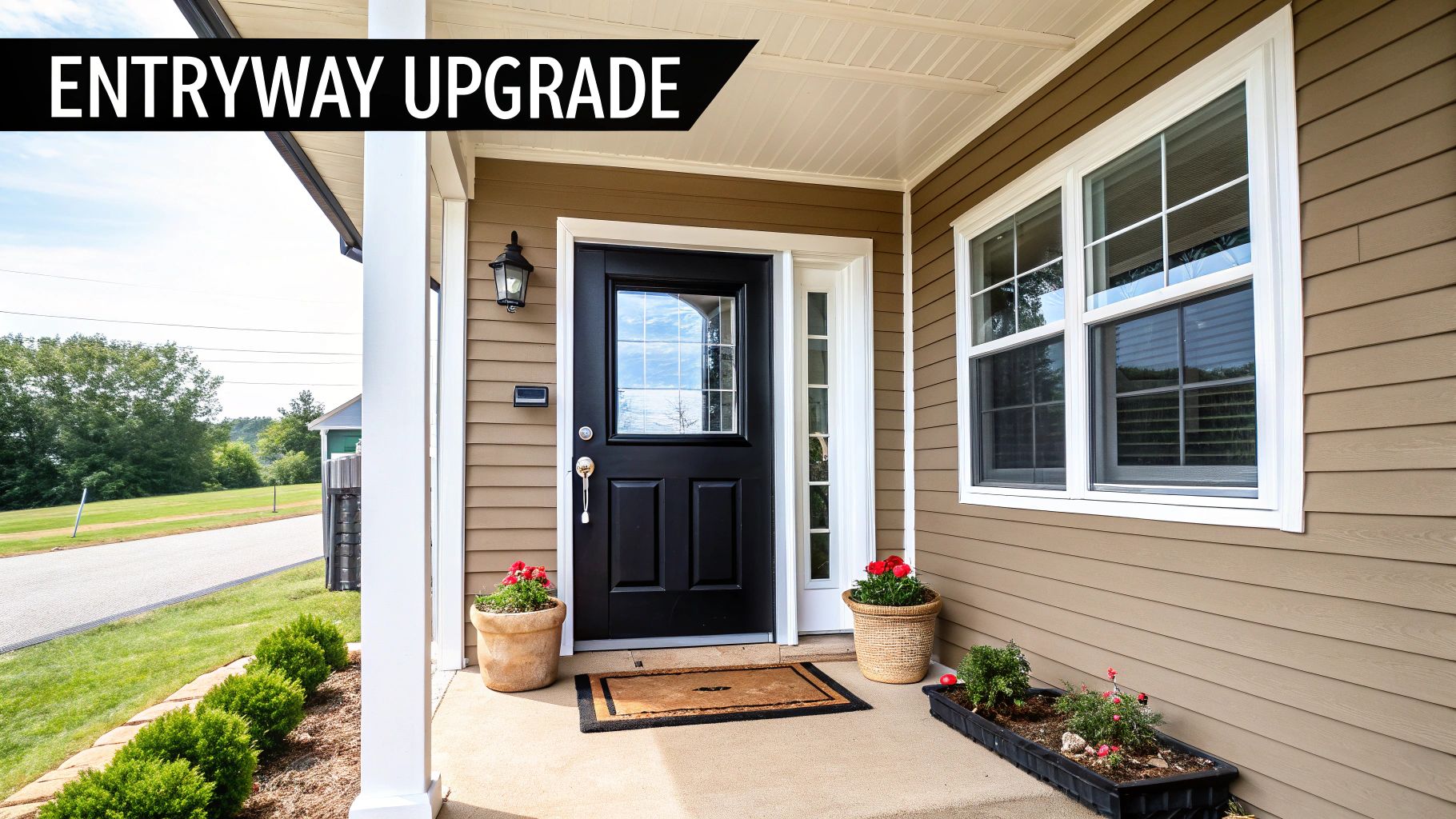 A welcoming home entryway featuring a black door, potted flowers, and tan siding, labeled 'Entryway Upgrade'.