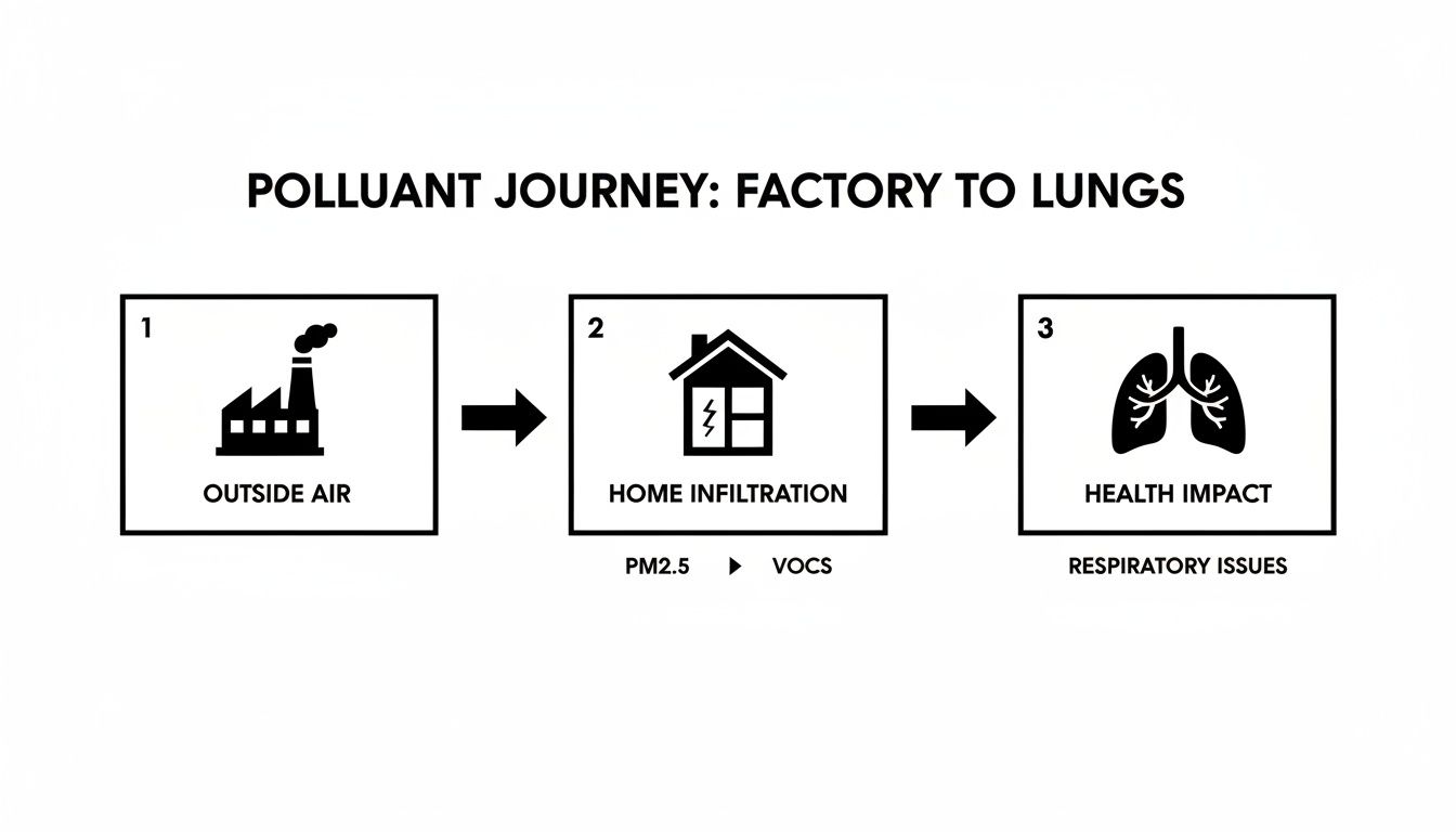 A flowchart titled 'Pollutant Journey: Factory to Lungs' shows air pollution from a factory leading to home infiltration (PM2.5, VOCs) and ultimately respiratory health issues.