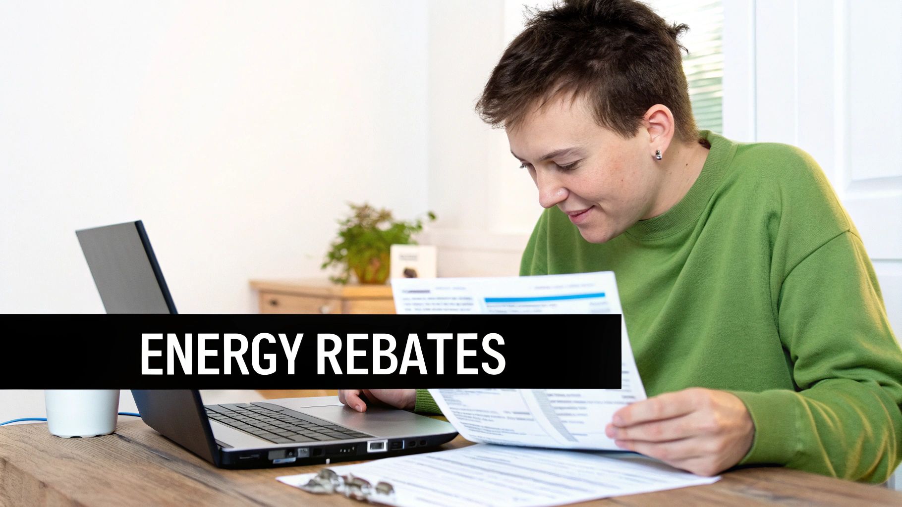 A person reviews documents and a laptop on a wooden desk, with "ENERGY REBATES" text.