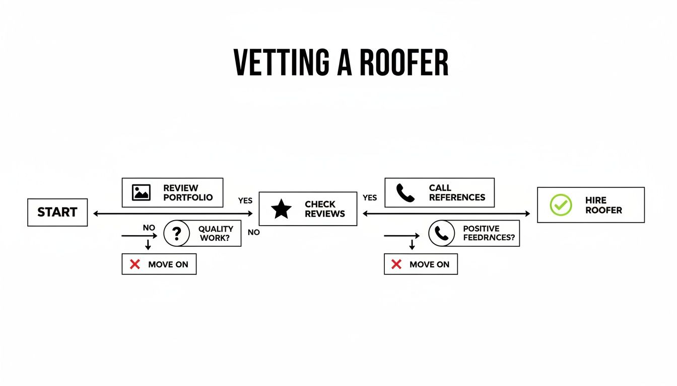 A flowchart illustrating the essential steps to effectively vet and hire a qualified roofer.