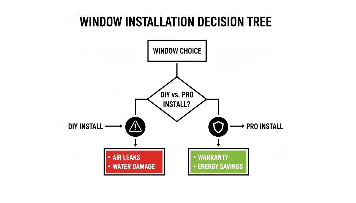 A flowchart illustrating window installation decisions, comparing risks of DIY with benefits of professional installation.