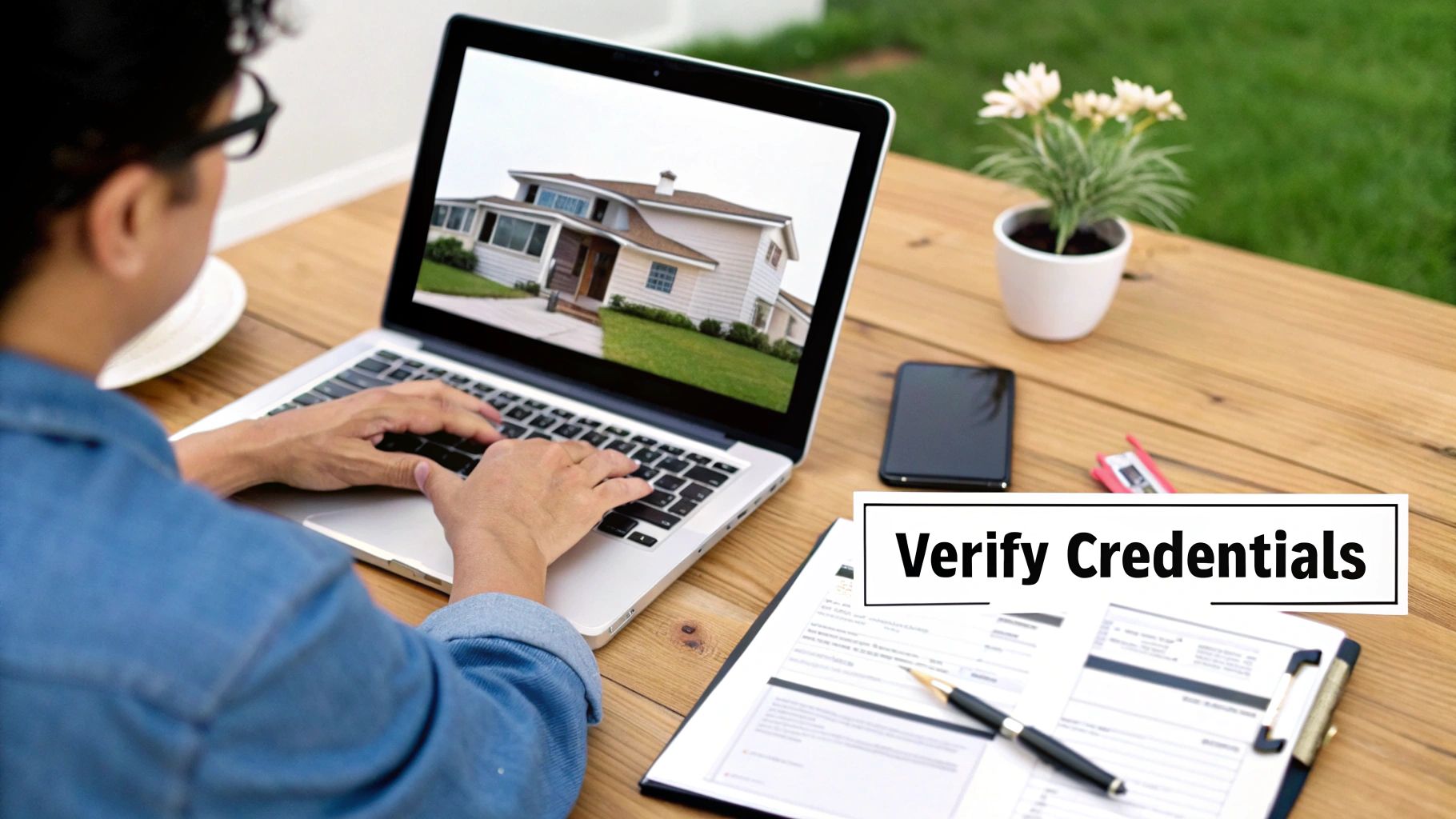 A person types on a laptop displaying a house, with documents, a smartphone, and a plant on a wooden table. Text: Verify Credentials.