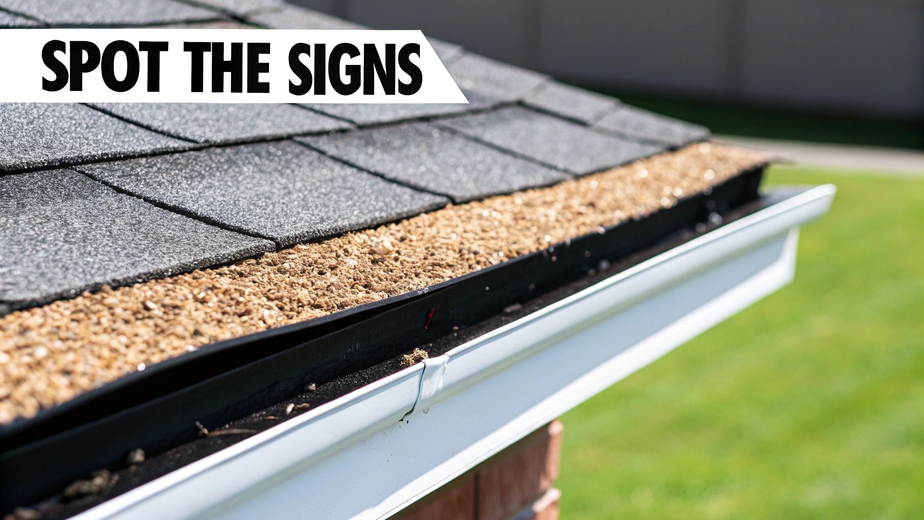 Close-up of a house roof showing dark shingles and excessive granules in a white gutter.