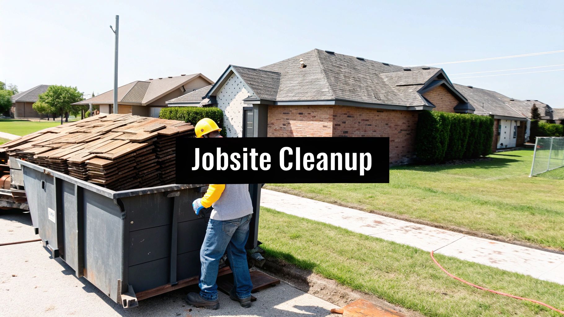 A worker wearing a hard hat and gloves stands beside a dumpster filled with old roof shingles during a jobsite cleanup.