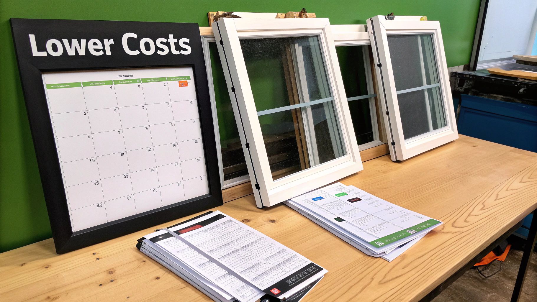 Several new white window frames, a 'Lower Costs' calendar, and documents on a wooden table.