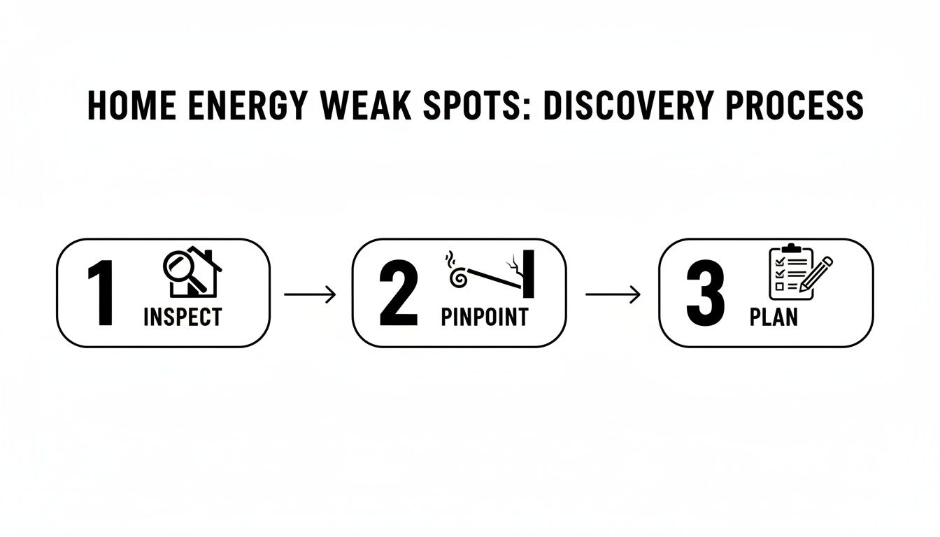 Three-step process to find home energy weak spots: inspect, pinpoint, and plan for improvements.
