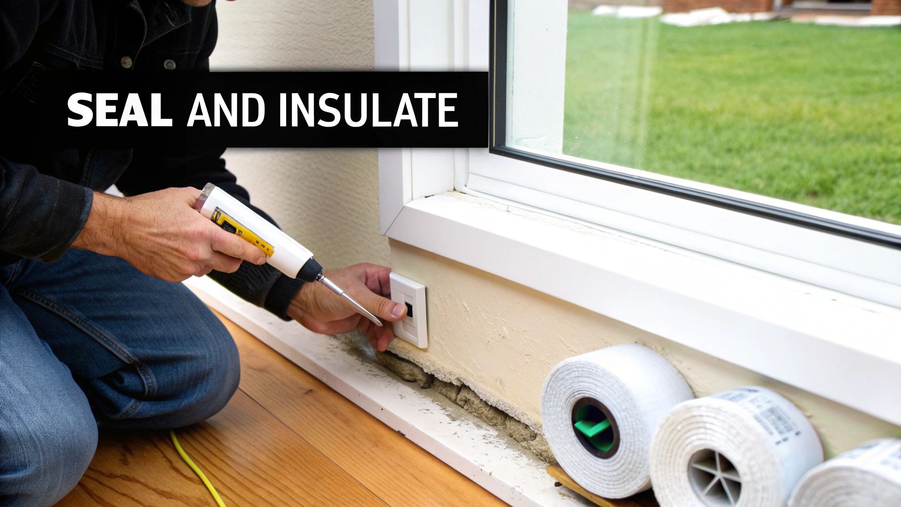 A person kneels, applying sealant around a window and outlet to improve home insulation, with rolls of tape nearby.