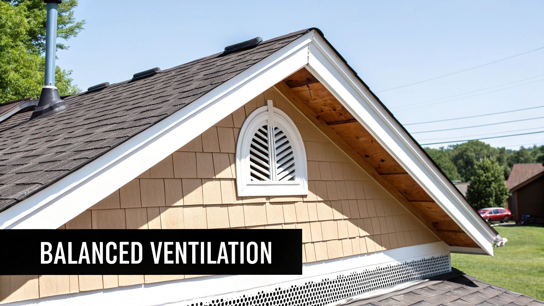 Close-up of a house roof with an arched louvered gable vent and perforated soffit vent, illustrating balanced ventilation.