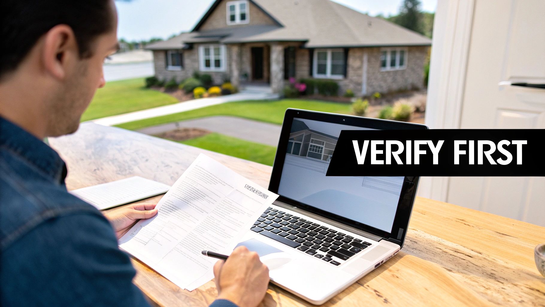 A man reviews documents and a laptop showing a house, with 'VERIFY FIRST' text, outdoors.