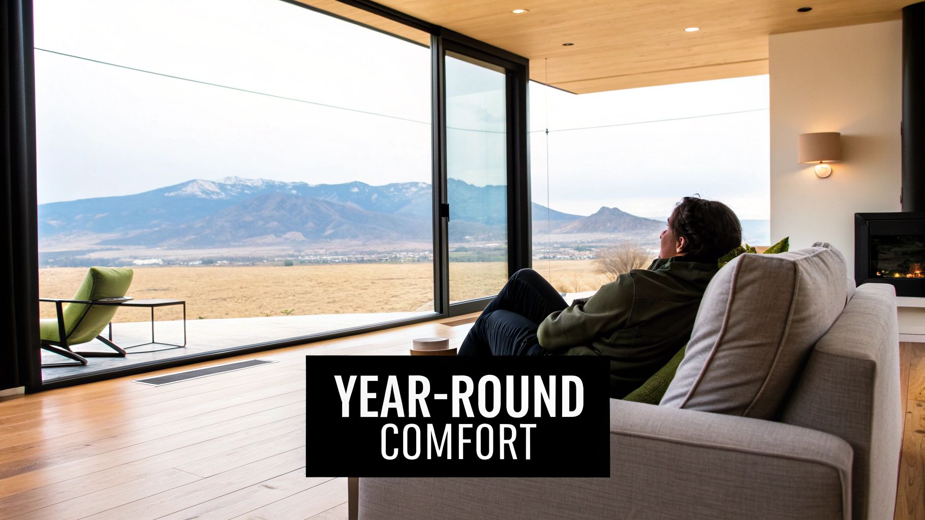 A person relaxes on a modern sofa, enjoying a panoramic mountain view through large windows in a bright, comfortable room.