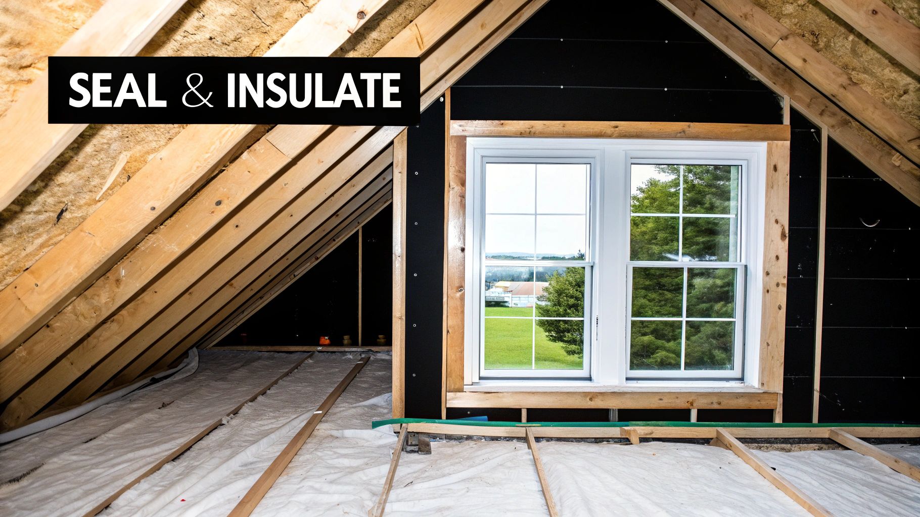 An attic showing exposed rafters, floor insulation, and a window with a 'SEAL & INSULATE' banner.