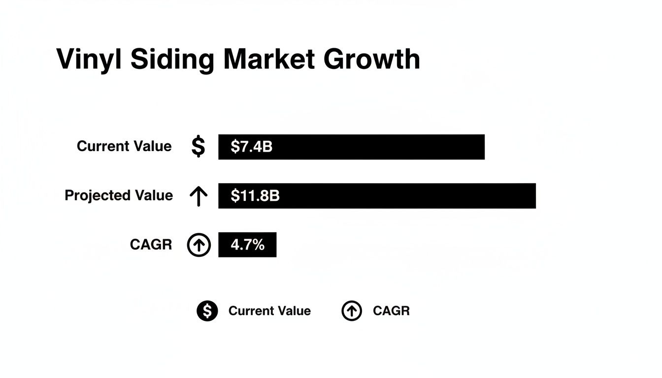 Infographic displaying vinyl siding market growth, showing current and projected values, and CAGR.