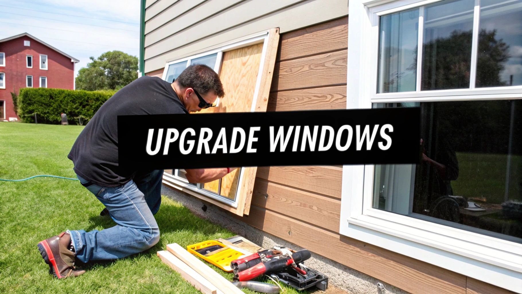 A person installs a new window on a house with brown siding, upgrading windows for energy efficiency.