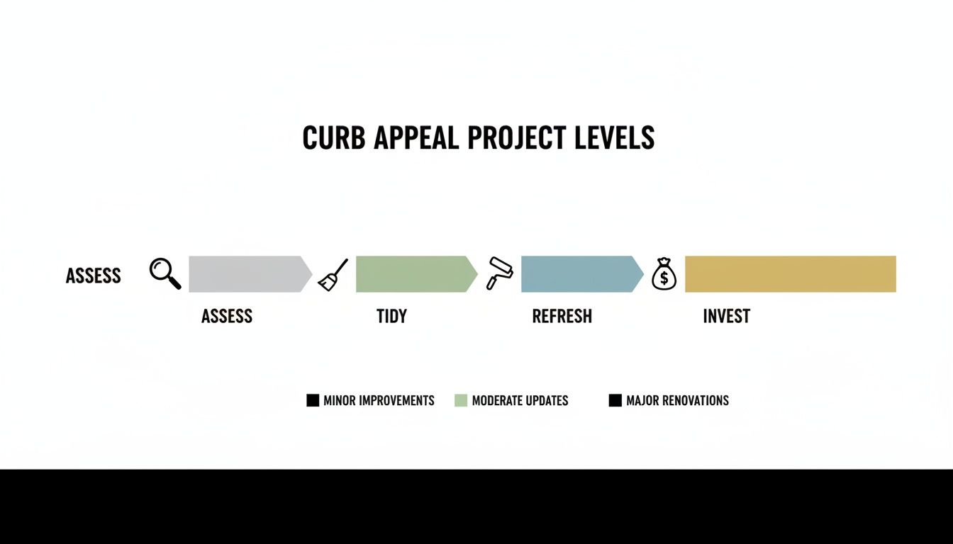 A flow chart illustrating curb appeal project levels: Assess, Tidy, Refresh, Invest, with improvement types.
