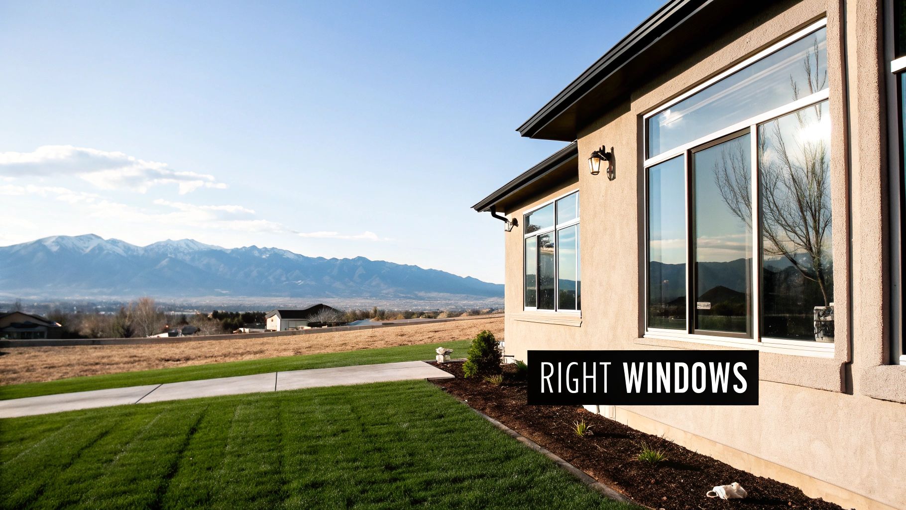 A modern house with large windows, green lawn, and a scenic mountain view under a blue sky.