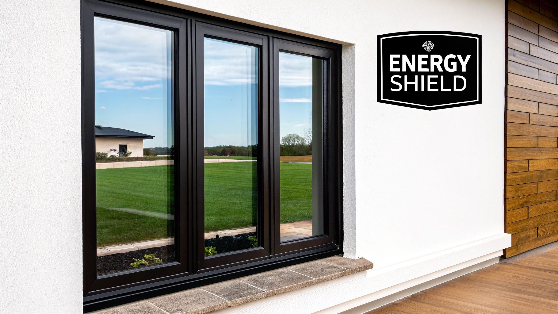 Modern exterior with black-framed multi-pane windows, a green lawn, and an 'ENERGY SHIELD' logo.