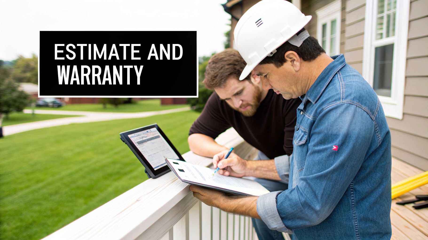 Two construction workers review a warranty estimate on a tablet and paper on a porch.