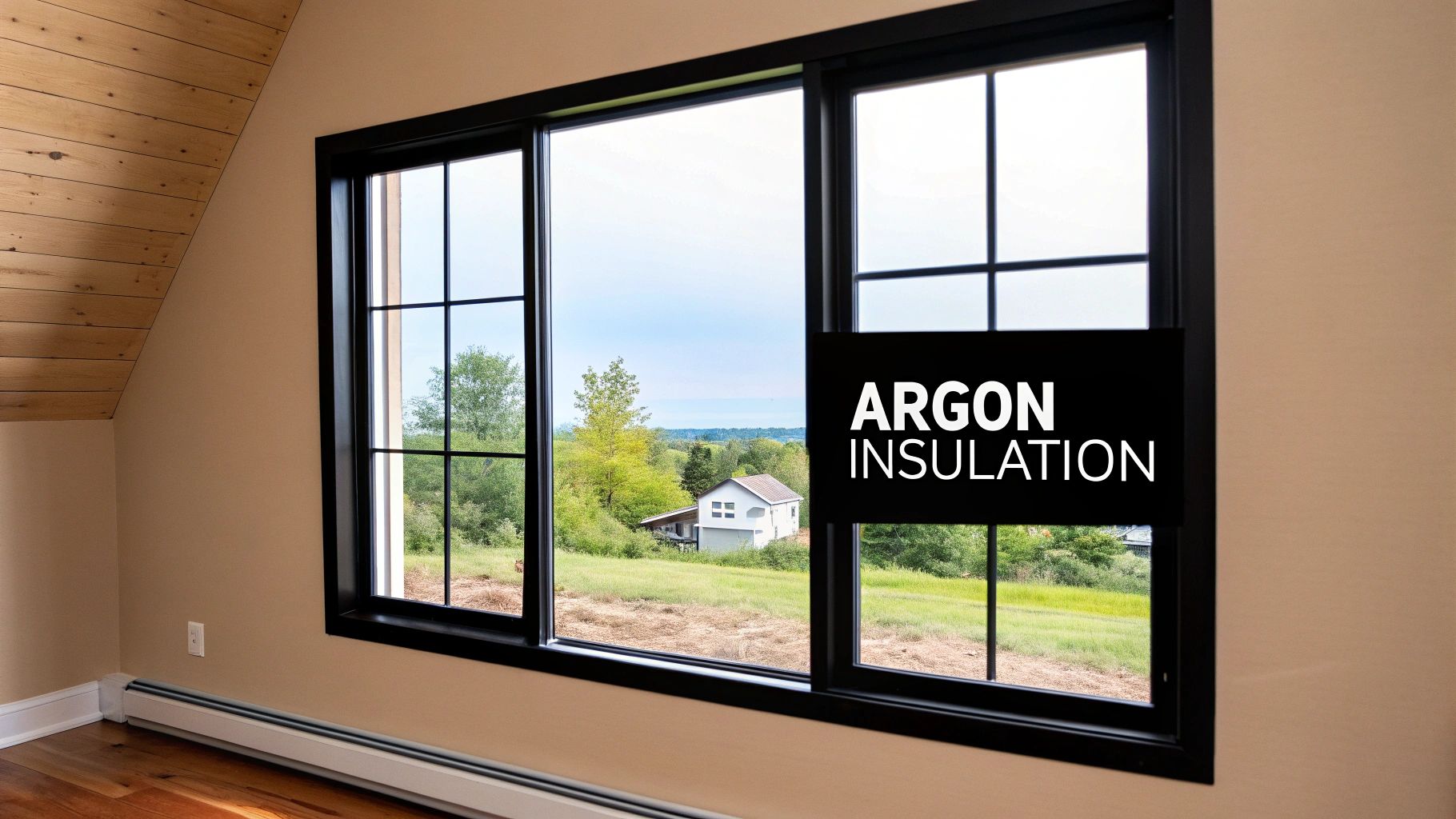 A large black-framed window with a view of a green landscape, featuring an 'ARGON INSULATION' label.