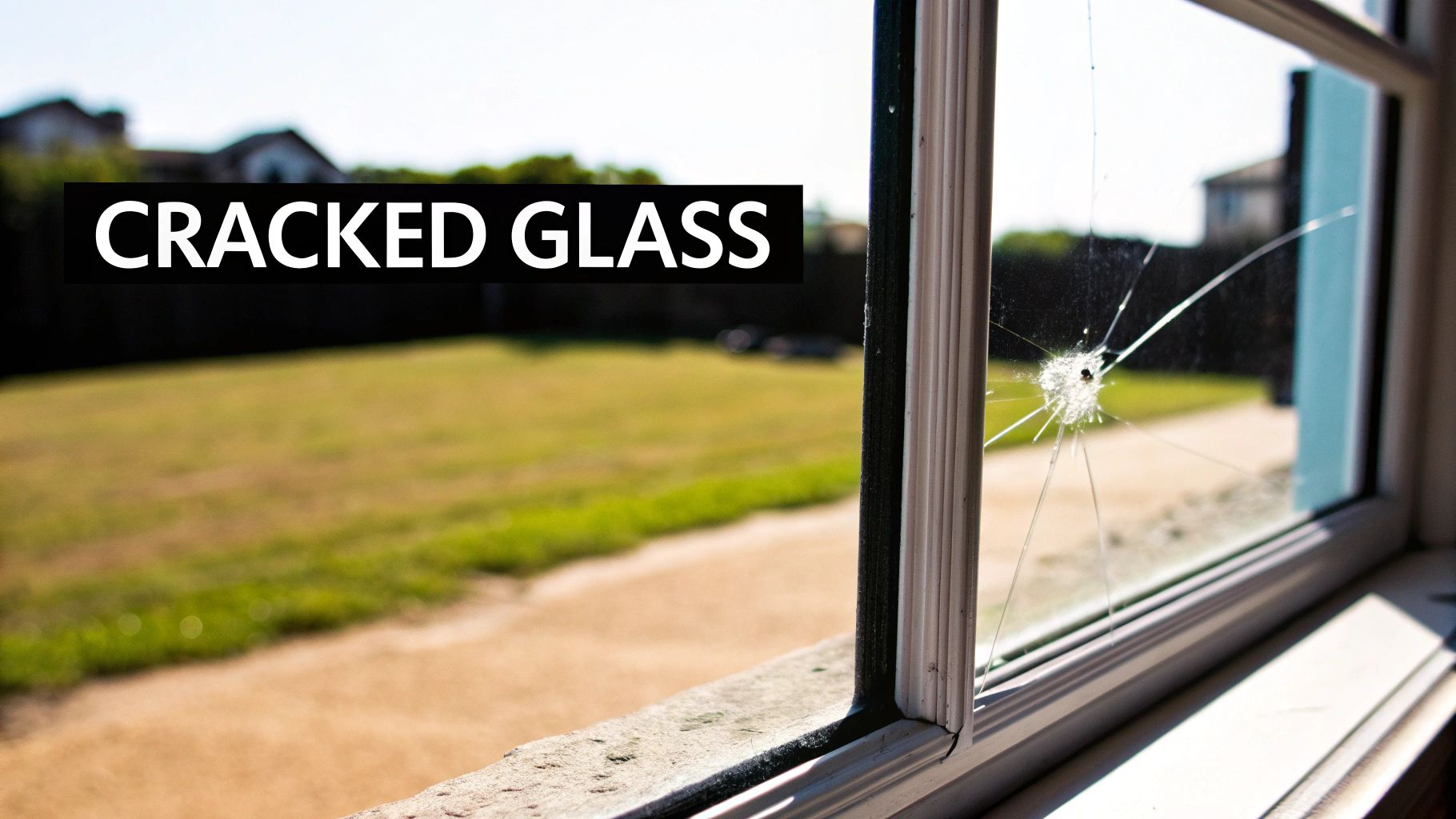 Close-up of a window with severely cracked glass, showing a grassy yard outside.