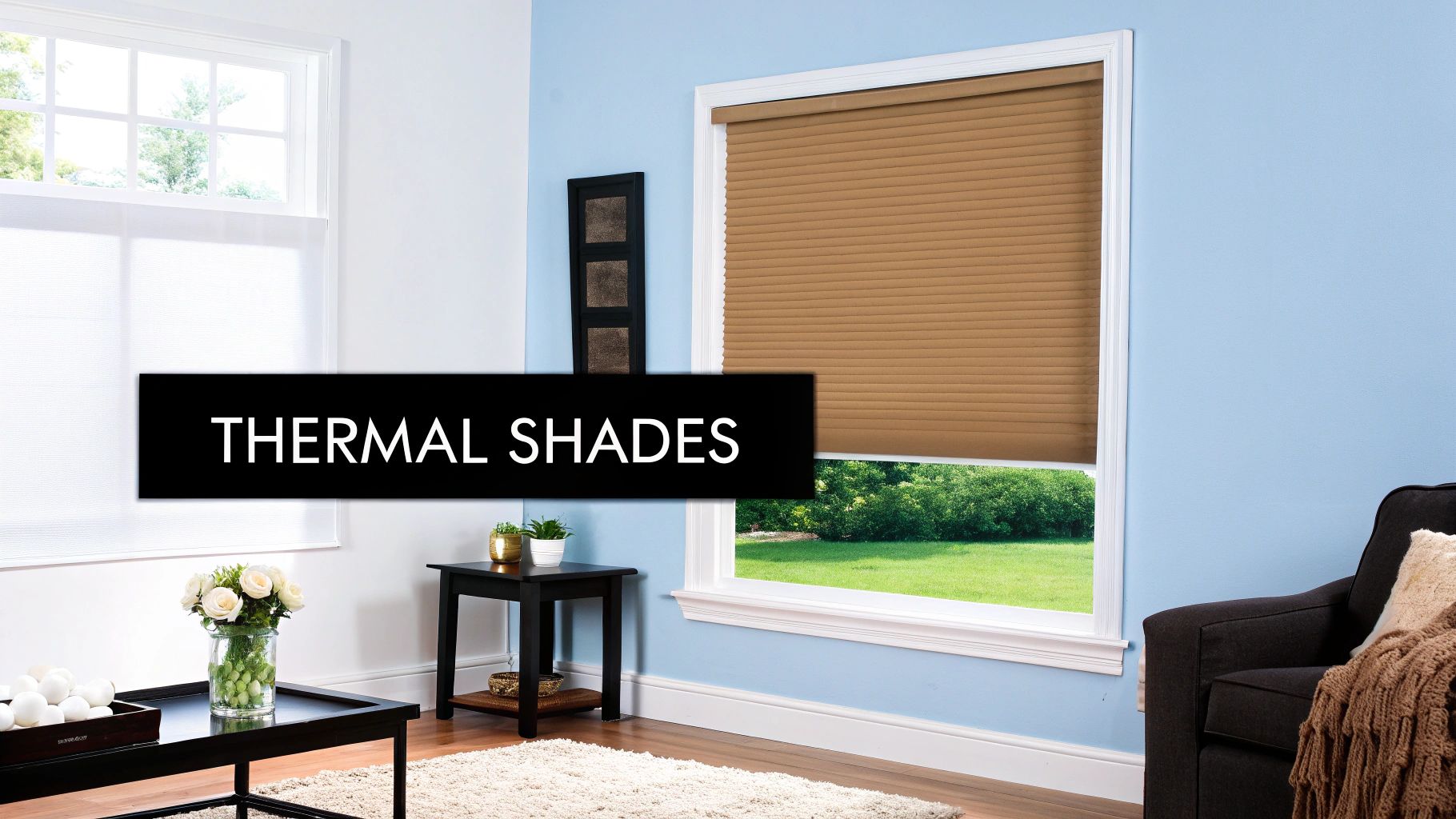 A room with light blue and white walls featuring brown thermal window shades for energy conservation.