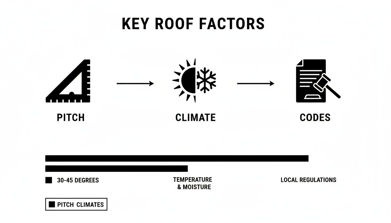 A diagram titled 'Key Roof Factors' illustrating pitch, climate, and codes for roof design.