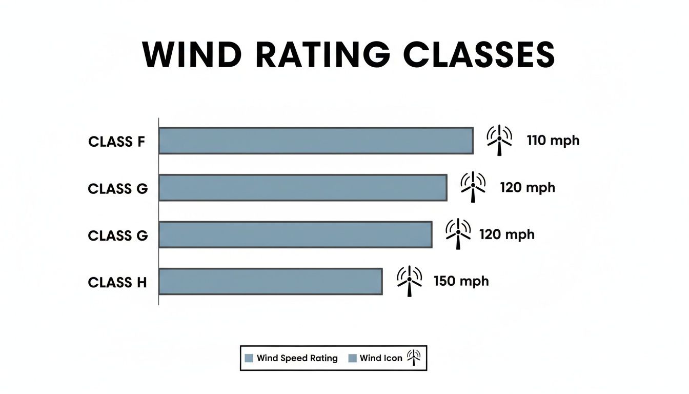 Bar chart displaying wind rating classes F, G, and H with their respective wind speed ratings.