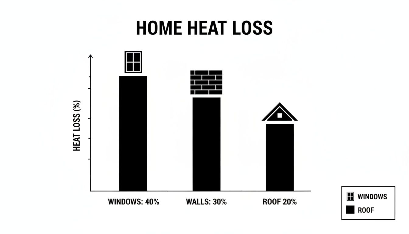 Bar chart showing home heat loss percentages: Windows 40%, Walls 30%, Roof 20%.