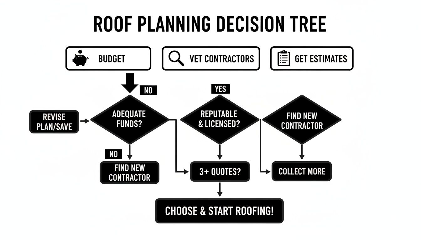 A decision tree flowchart for roof planning, showing steps for budget, vetting contractors, and estimates.