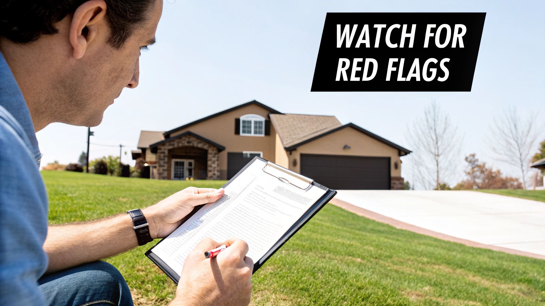 Man with clipboard and pen inspecting a house, with 'WATCH FOR RED FLAGS' text overlay.